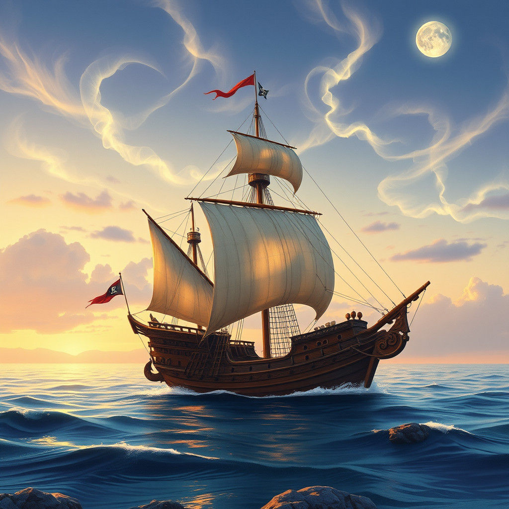 Pirate Ship on Mediterranean Sea at Dusk