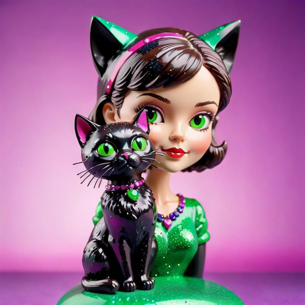 Whimsical Bobblehead Lady with Black Cat