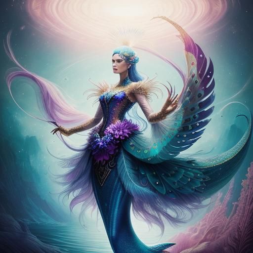 Surreal Woman with Peacock Feathers in Astral Style
