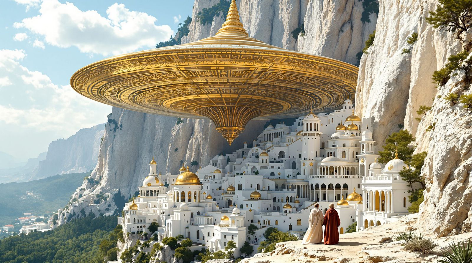 Golden UFO Over Mediterranean City in Fantasy Photorealism