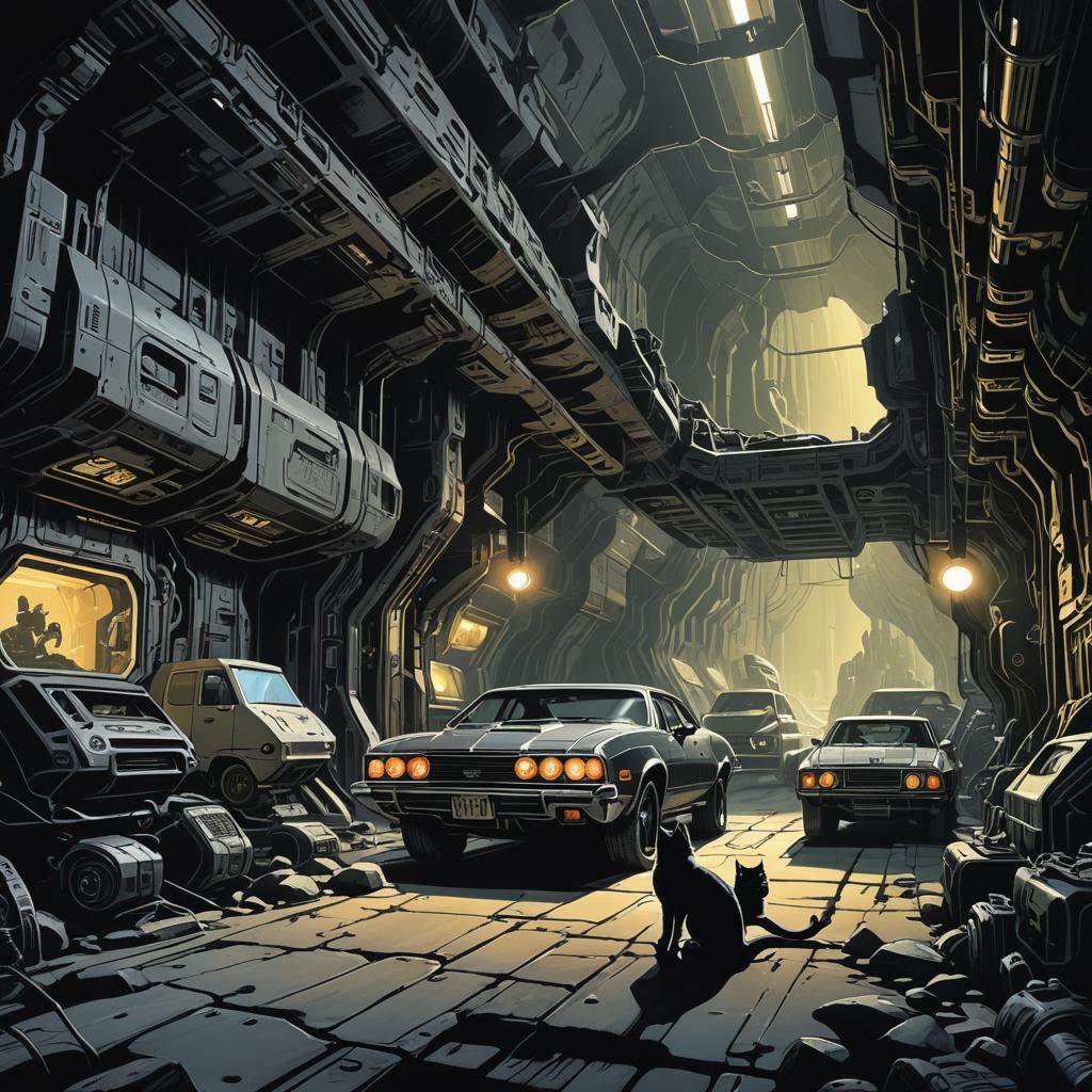 Gothic Industrial Cat Guardian in Dimly Lit Cave