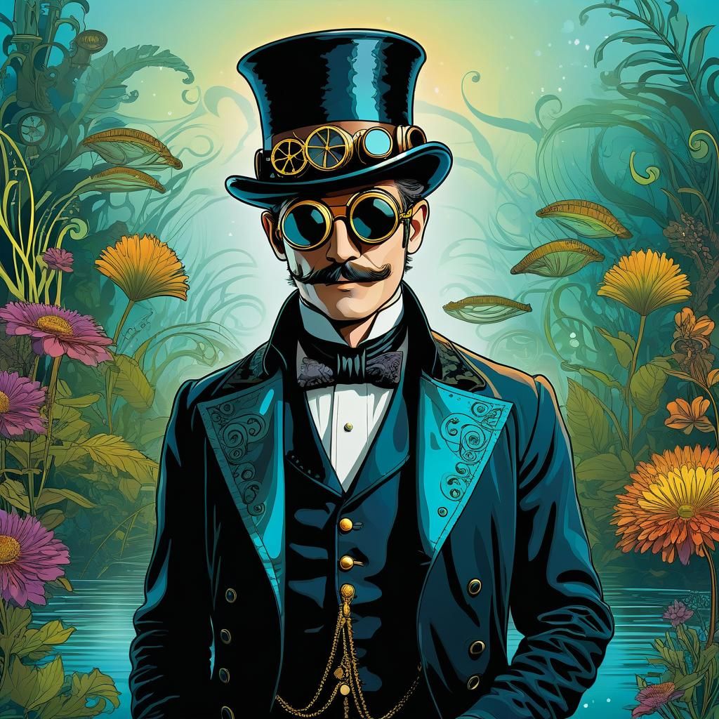 Steampunk Gentleman in Nebulous Line Art Style