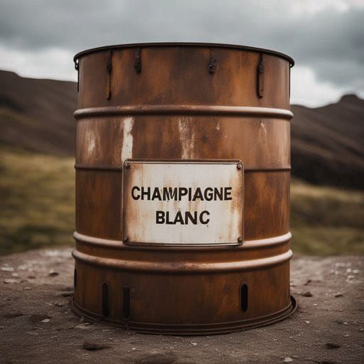 Rusted Oil Drum Labeled Champagne Blanc