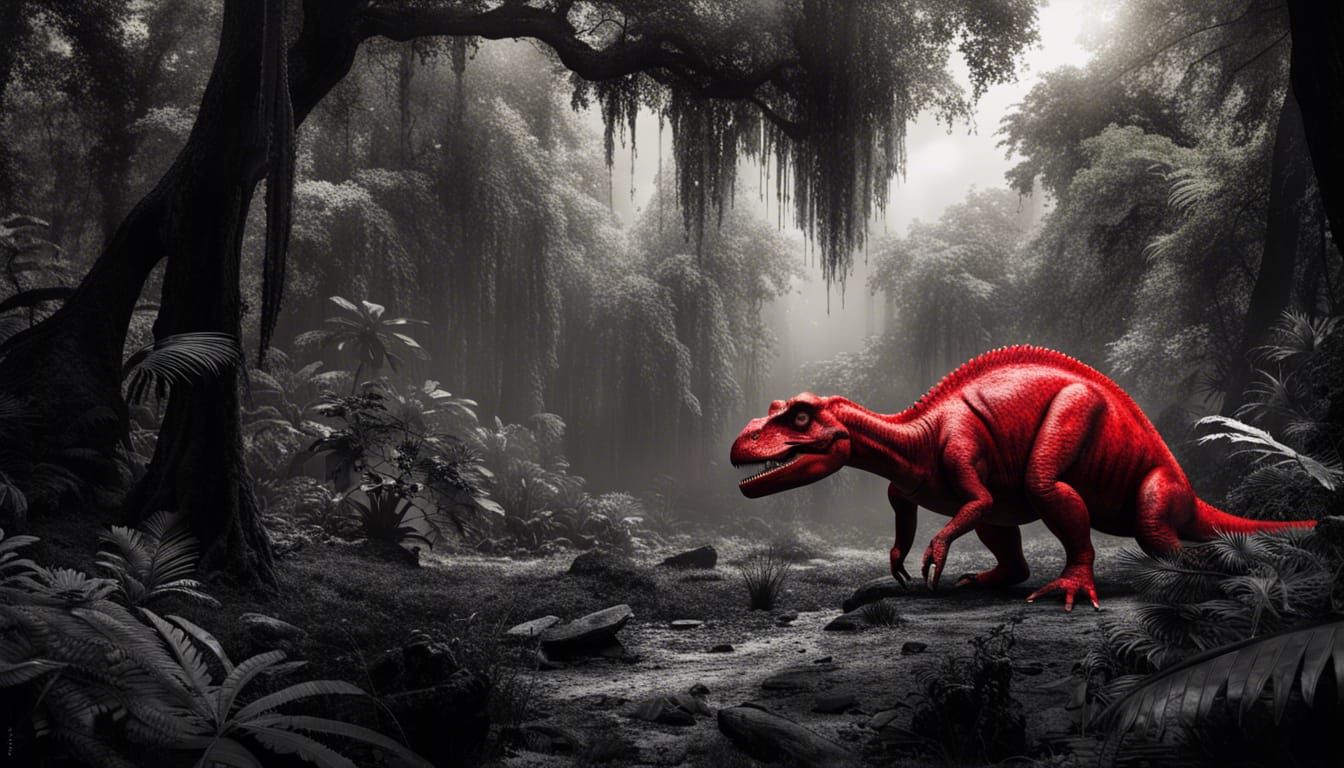 Lonely Red Dinosaur in Black and White Jungle