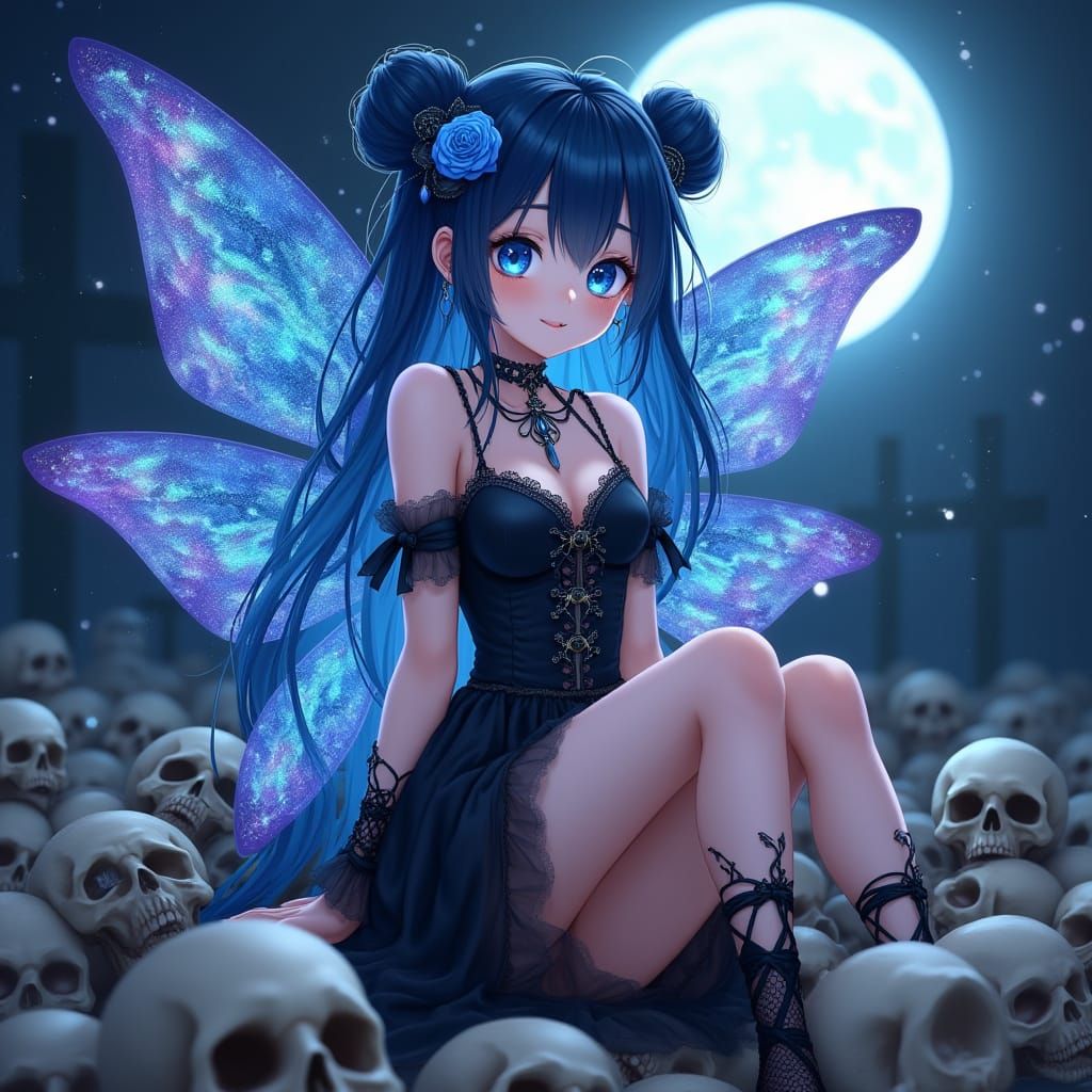 Whimsical Fairy Amidst Skulls in a Dark, Ethereal Setting