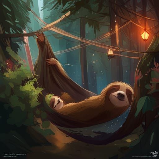 Sloth Napping in Hammock, Illustrative Digital Art