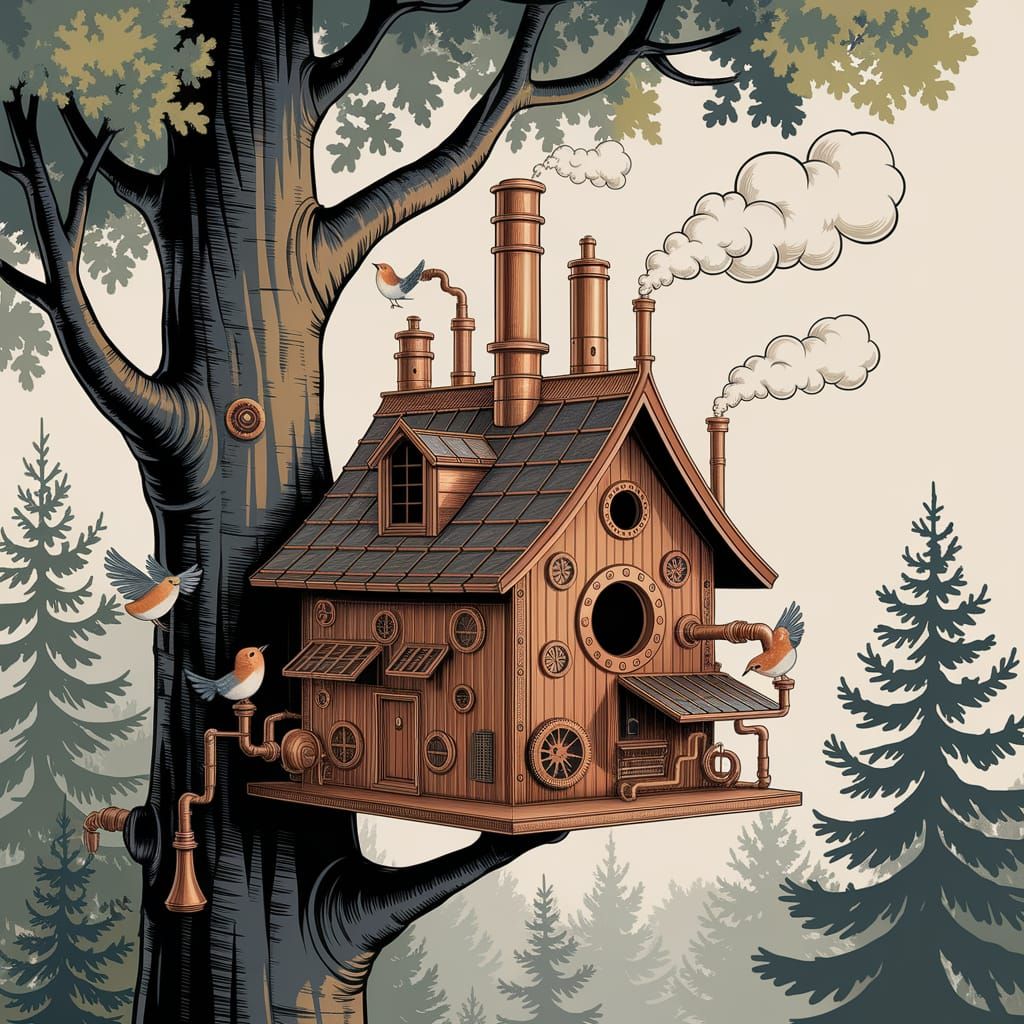 Steampunk Factory Birdhouse in Lush Forest