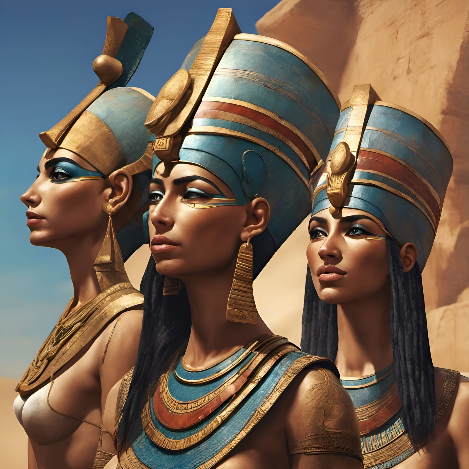 Egyptians Meritaten, Meketaten, Ankhesenpaaten, Neferneferuaten Tasherit, Neferneferure and Setepenre Hyperrealistic, co...