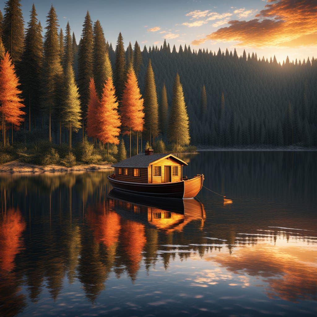 Mosaic Landscape with Cabin and Fiery Sunset