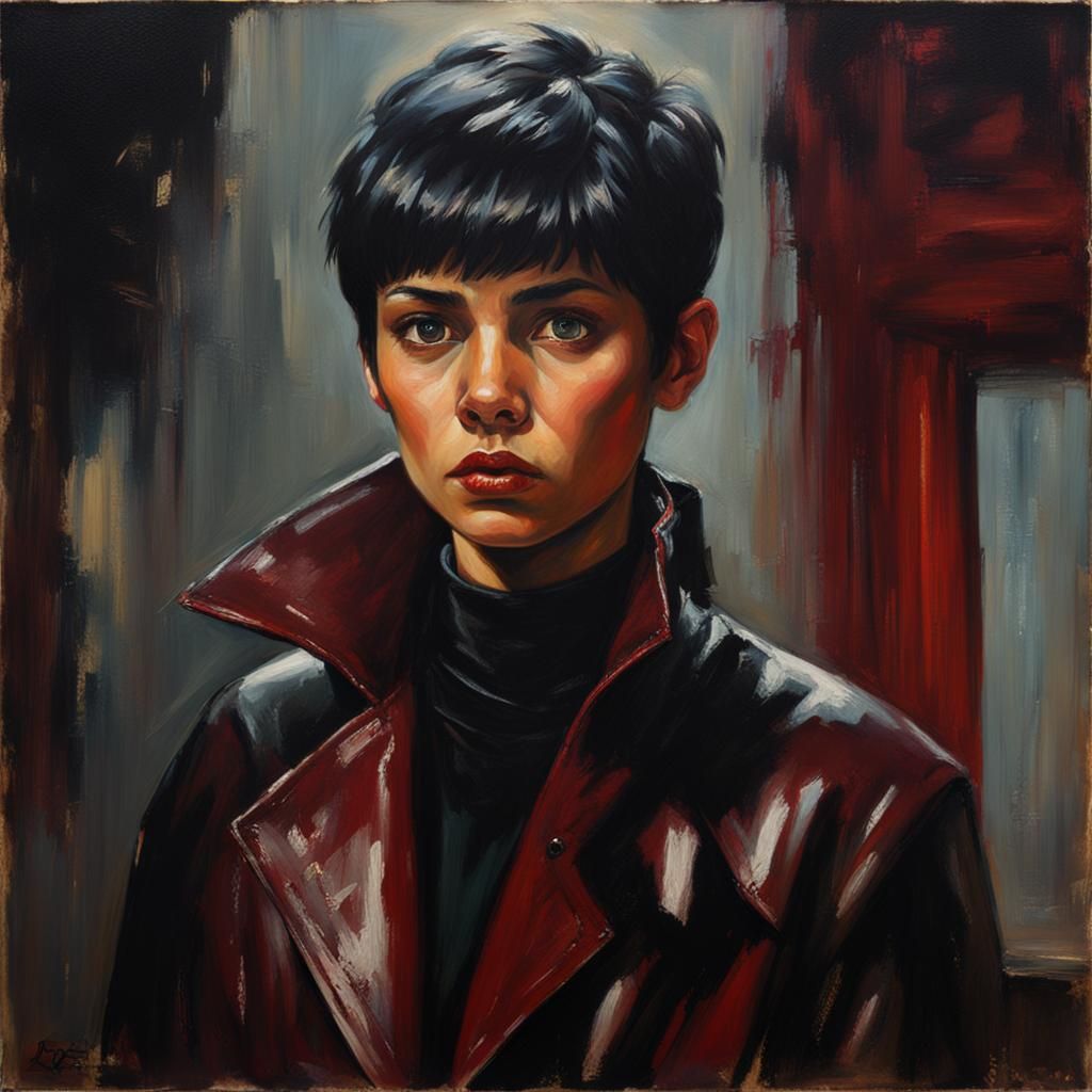 Young Woman in Leather Coat, Oil Painting