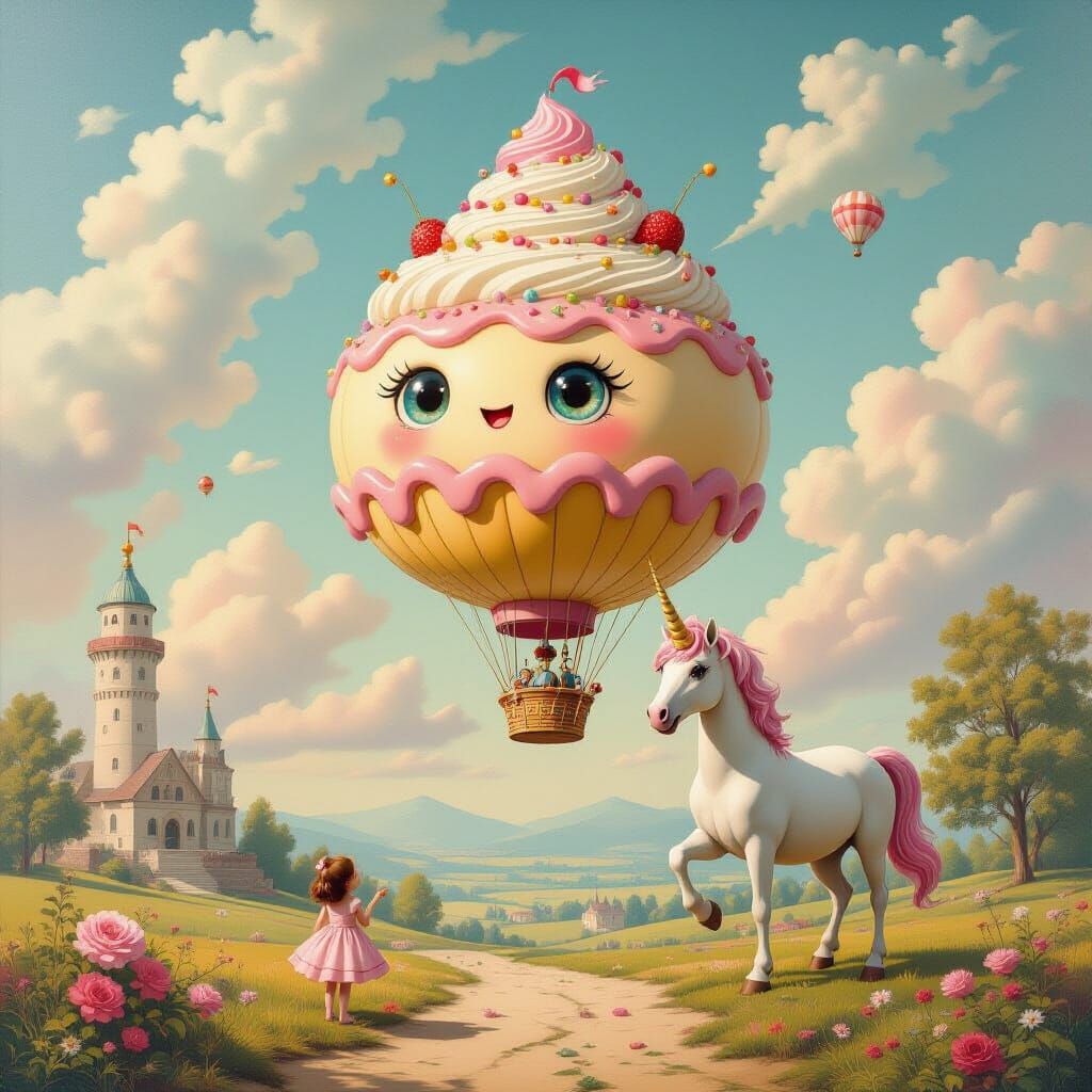 Pastel Dreamscape with Duck and Unicorn, Airbrush Art