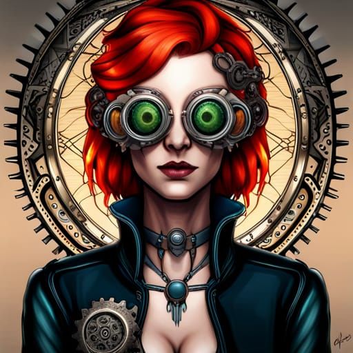 Steampunk Scientist Portrait with Red Hair and Goggles