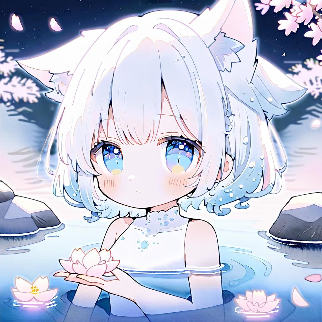 Chibi Wolf-Girl Relaxing in Moonlit Onsen