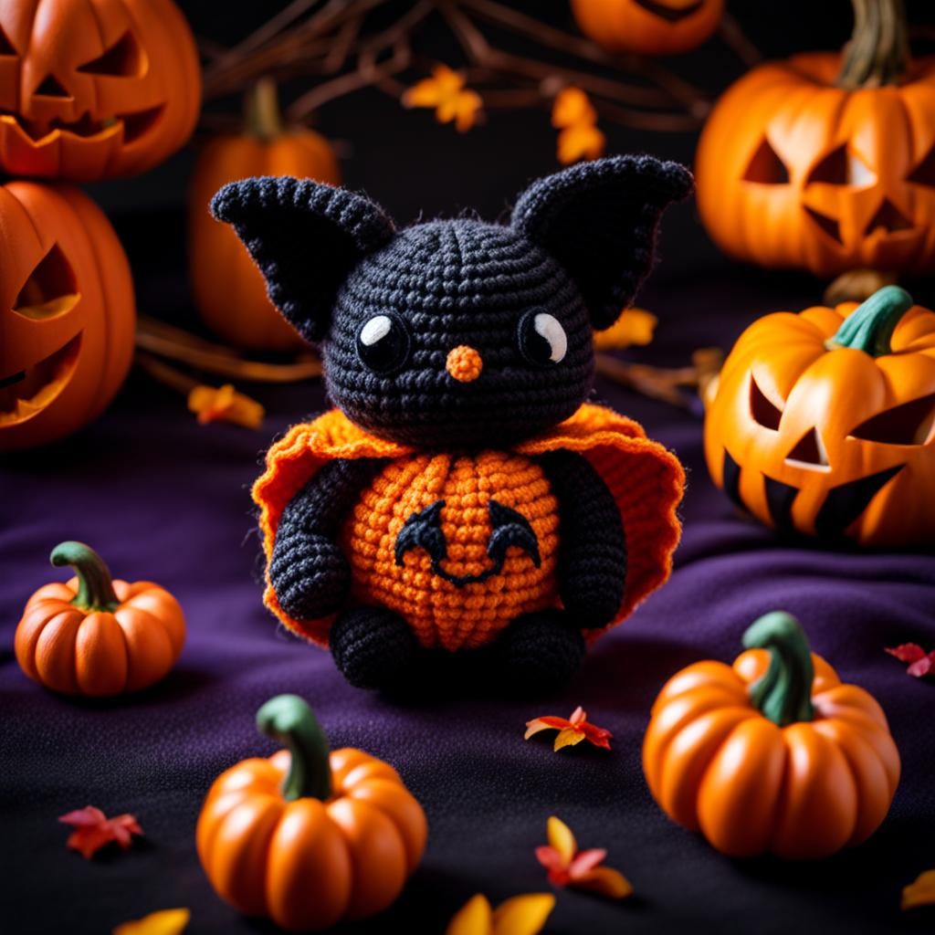 Halloween Amigurumi Bat on Smiling Pumpkin