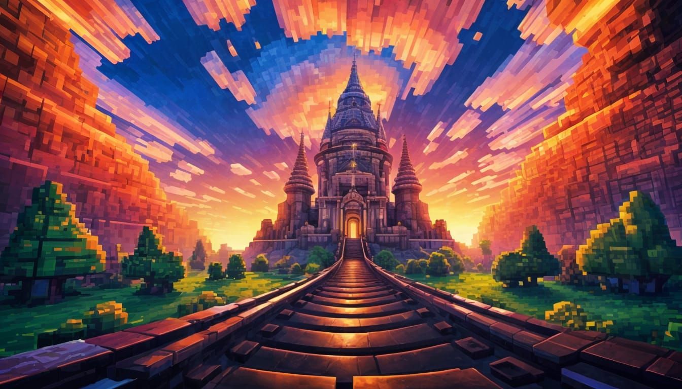 Pixelated Twilight Temple in Vibrant Pixel Art Style