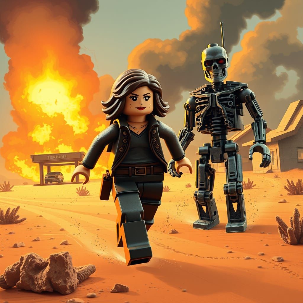 Lego Sarah Connor vs Terminator in Ukiyo-e Style