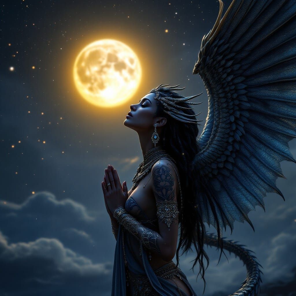 Egyptian Warrior Angel Praying Under Moonlight