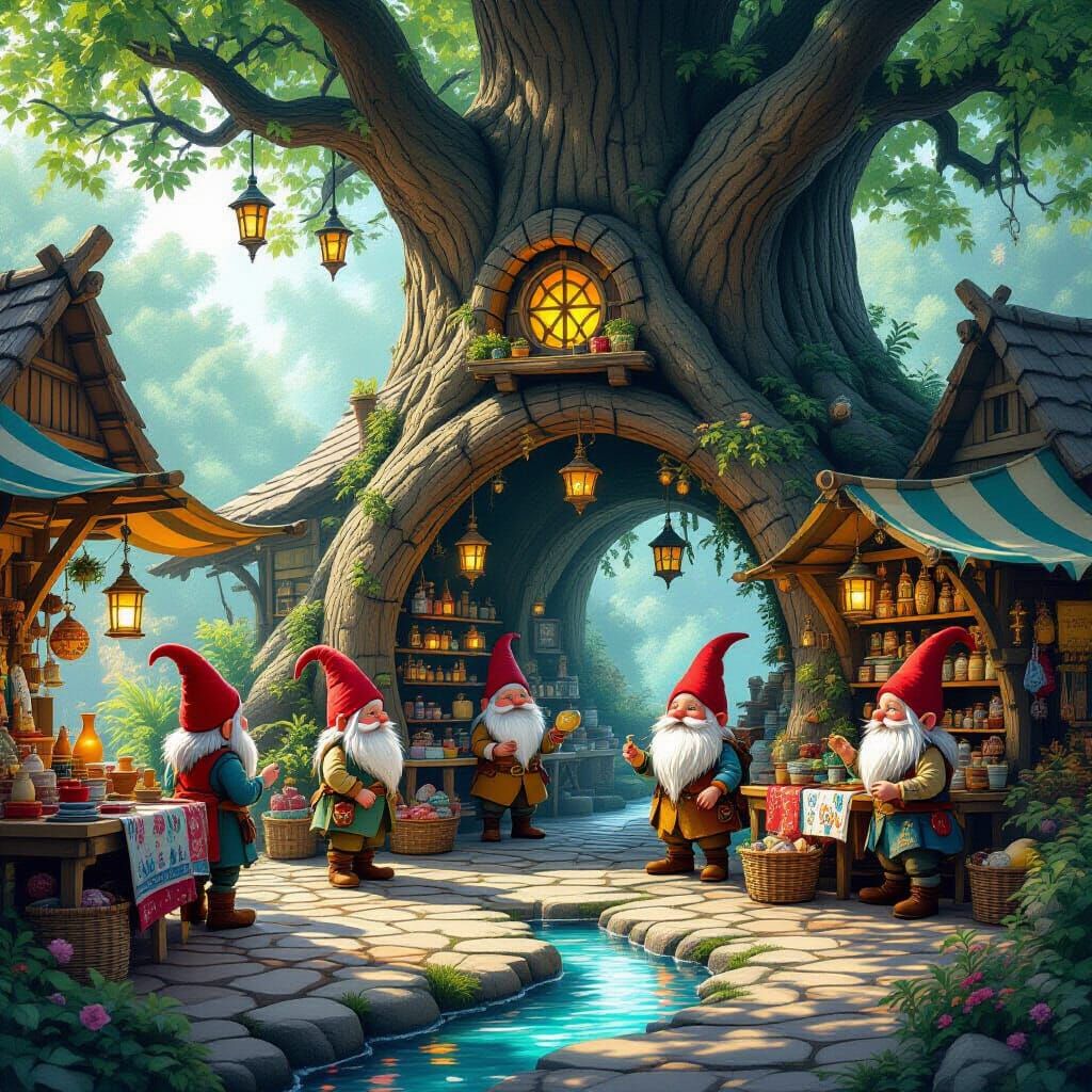Gnome Marketplace Inside Ancient Oak Tree