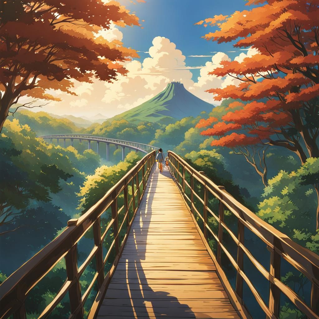Anime Scene of Person Walking on Bridge