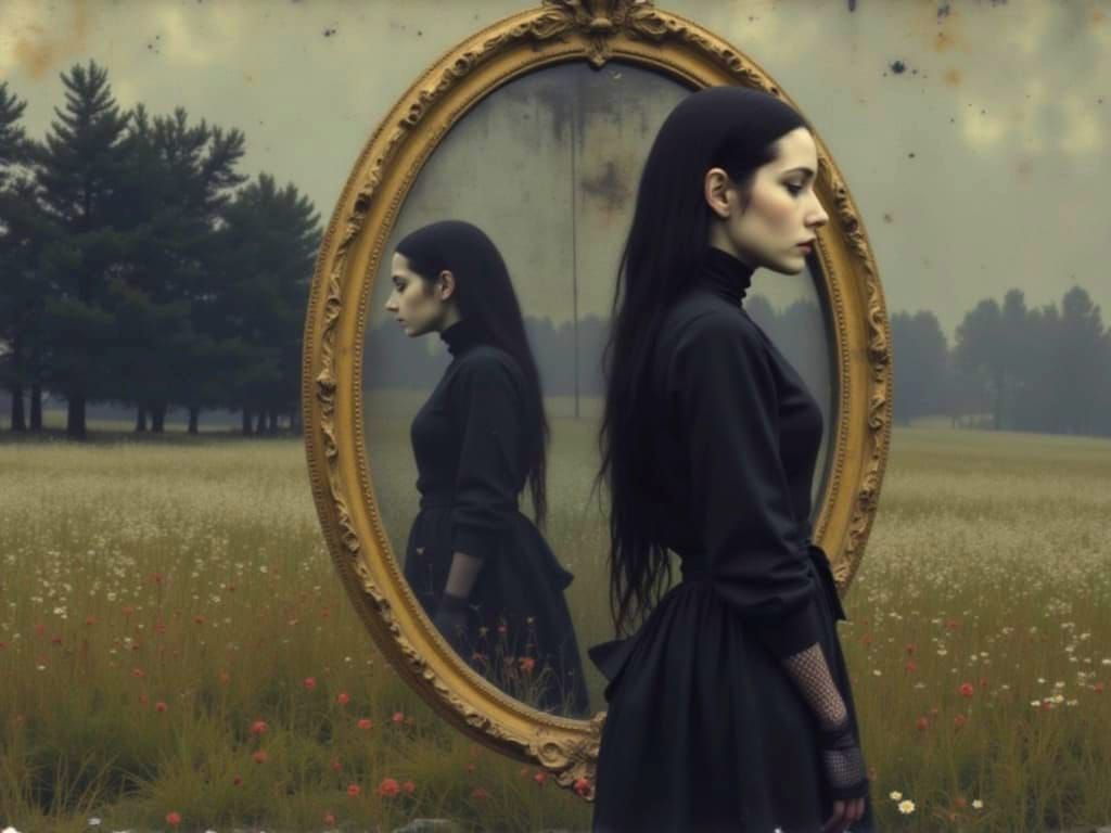 Goth Girl Portrait Reflected in Gilded Mirror