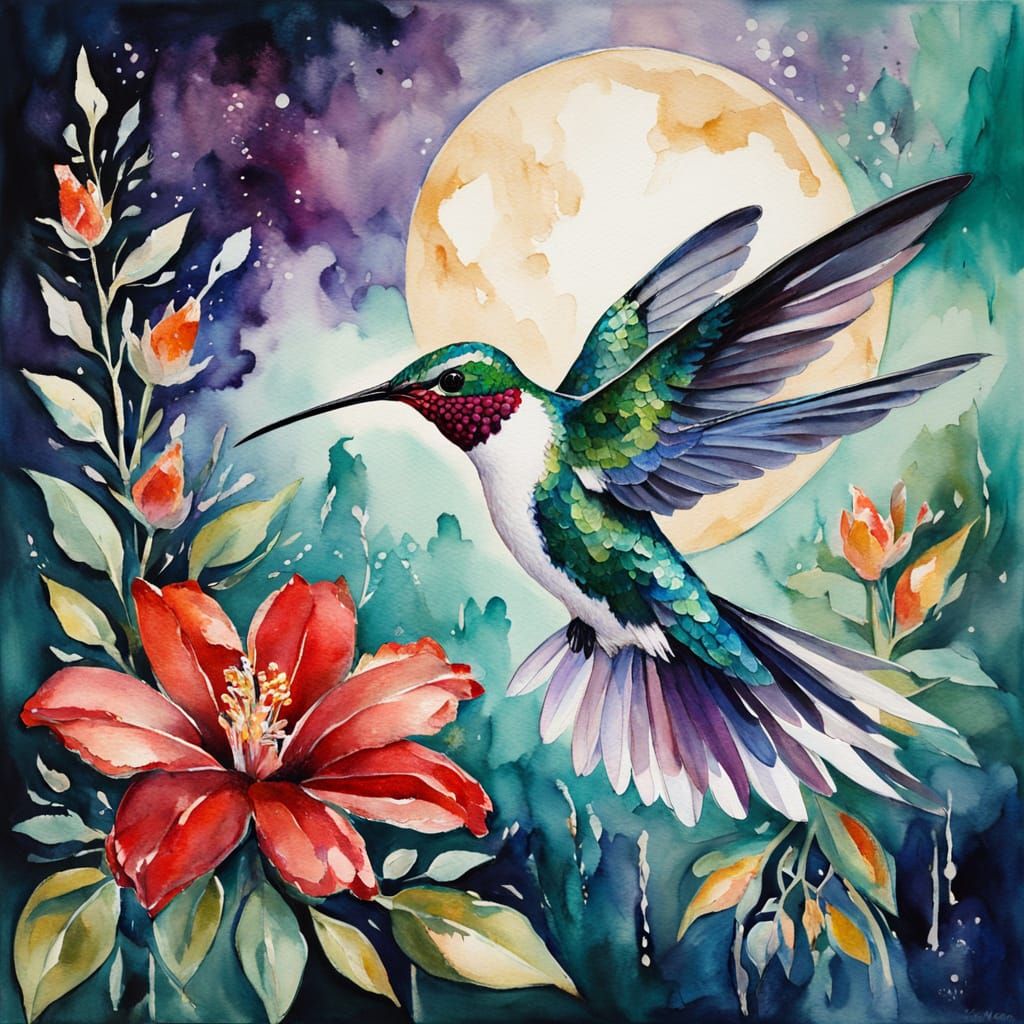 Hummingbird Pollinating Ruby Flower in Moonlight