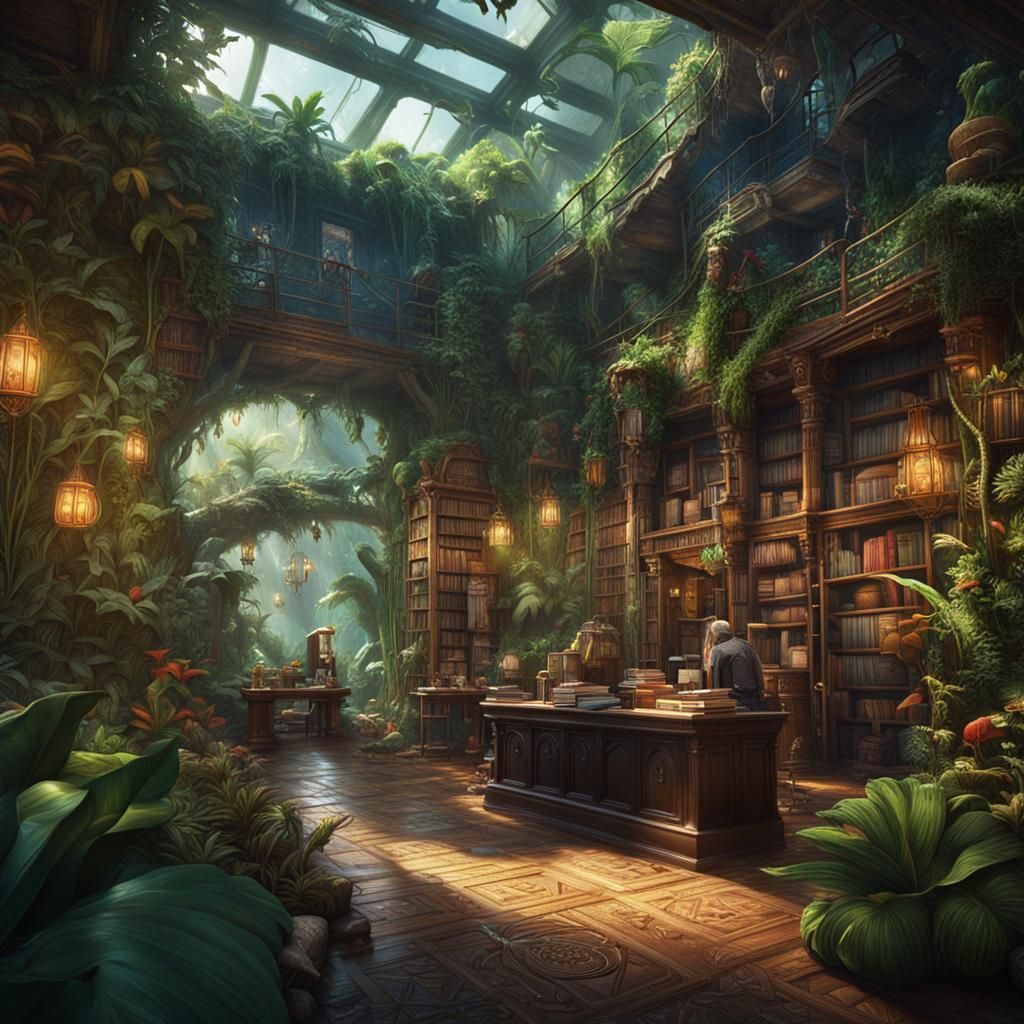Tropical Jungle Bookstore: Fantasy Concept Art