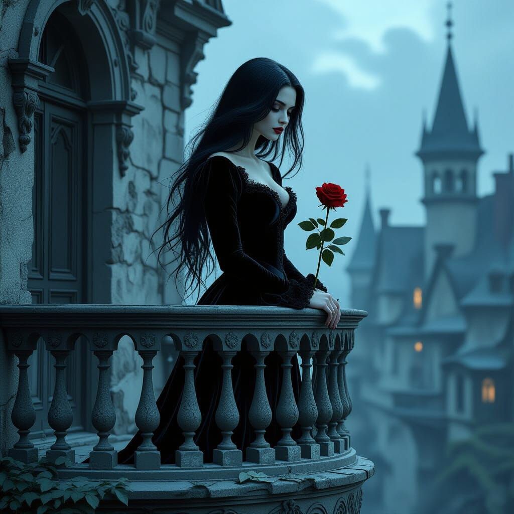 Gothic Woman on Balcony with Rose