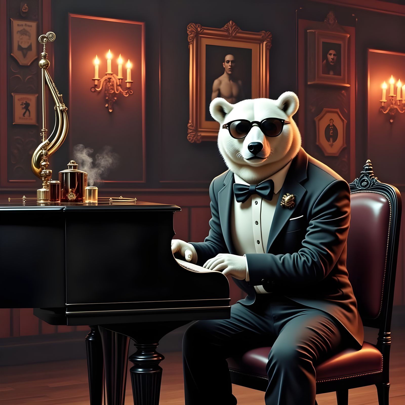 Surreal Polar Bear Plays Blues Piano in Smoky Club