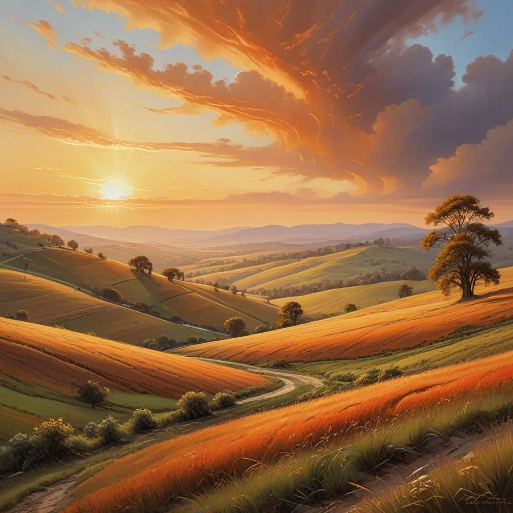 Classical Oil Painting of Rolling Hills at Sunset