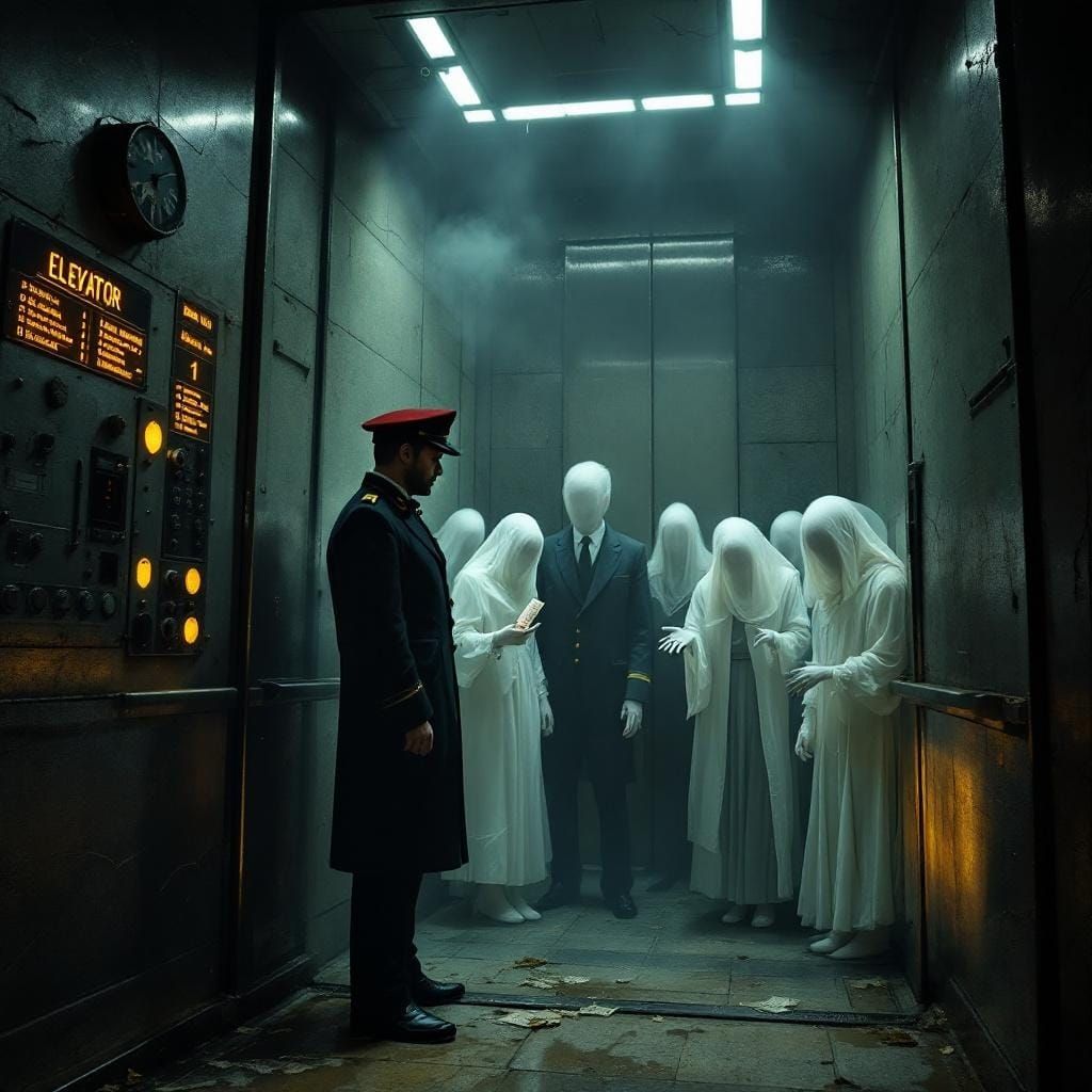 Eerie Elevator with Ghostly Passengers in Cinematic Style