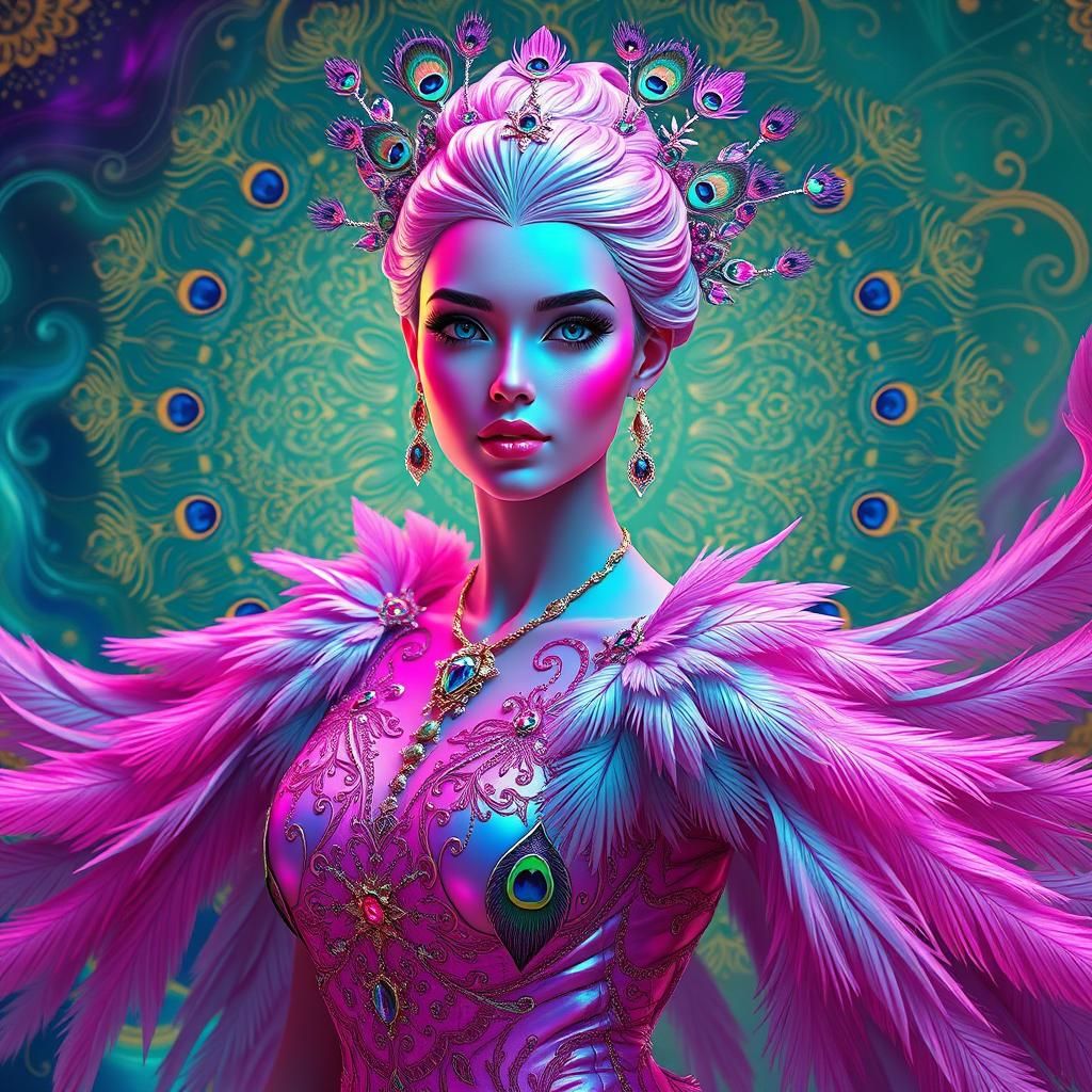 Iridescent Woman with Peacock Feathers in Fantasy Art Style