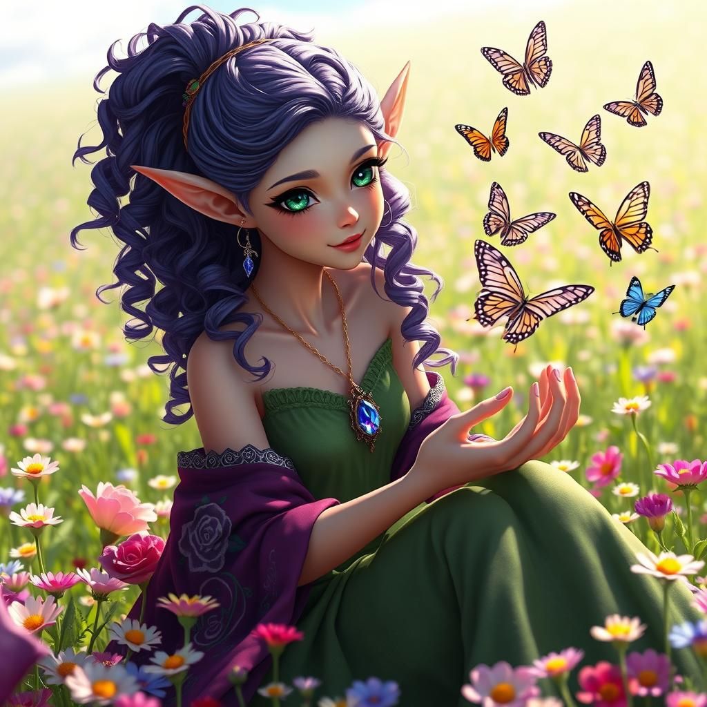 Elf in Flower Field with Butterflies, in Anime Style