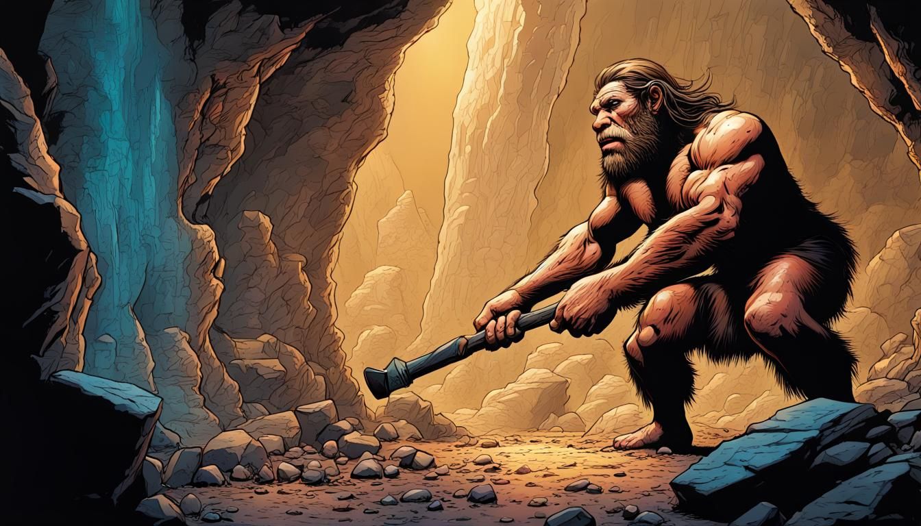 Neanderthal Mining with Ancient Technology: Comic Book Art