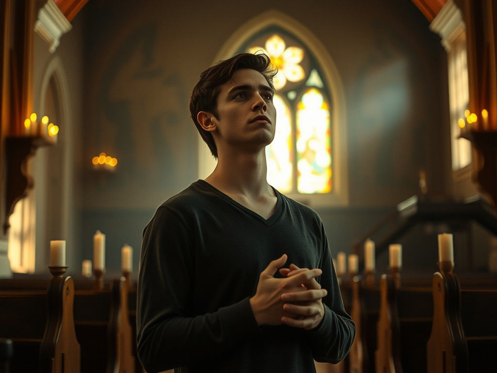 Man Praying in Church with Golden Light