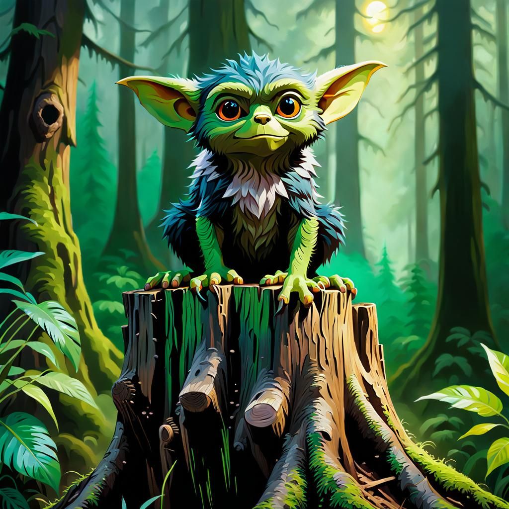 Spike the Gremlin in a Lush Bob Ross-Style Oil Painting