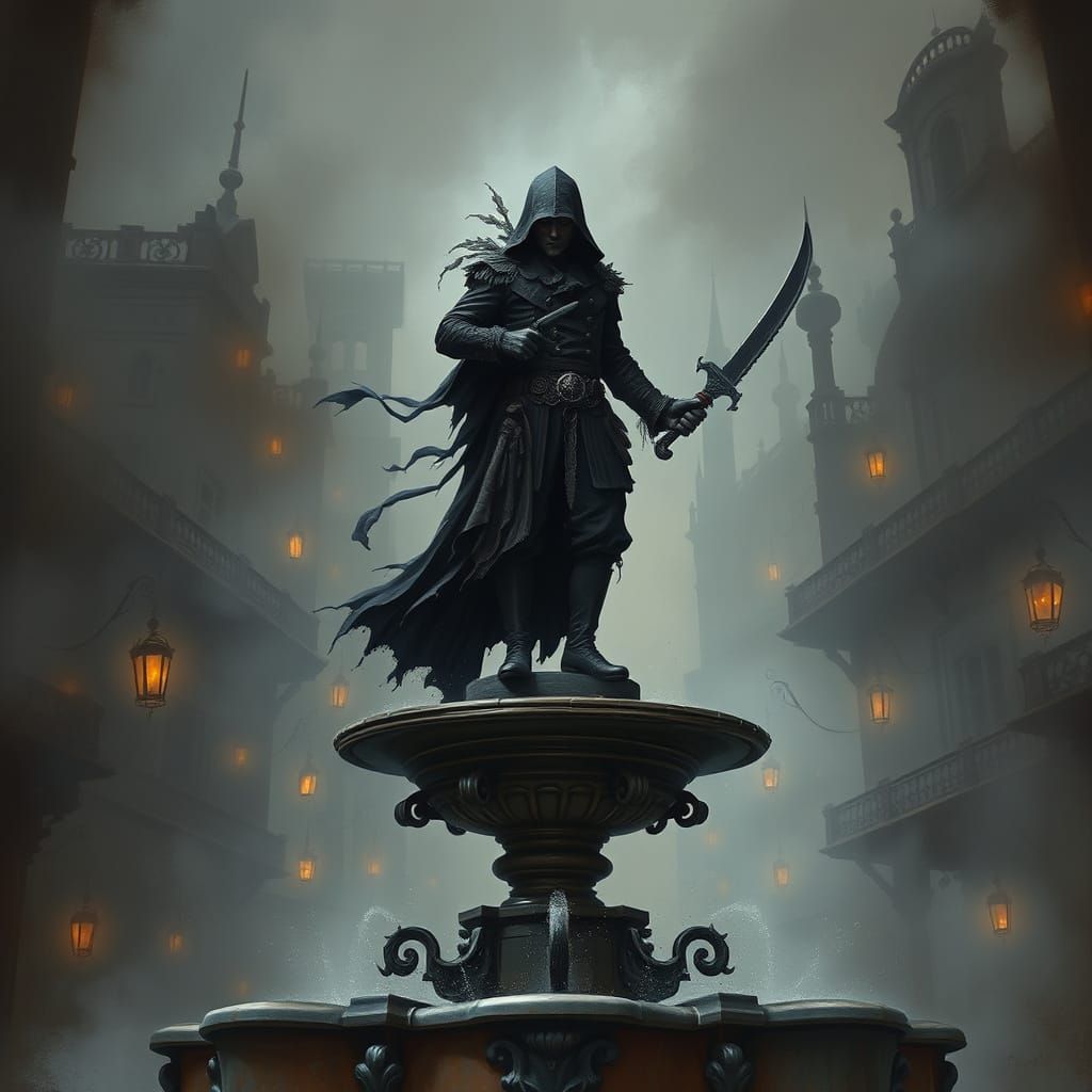 Dark Gothic Hunter in a Haunting, Mist-Shrouded Cityscape