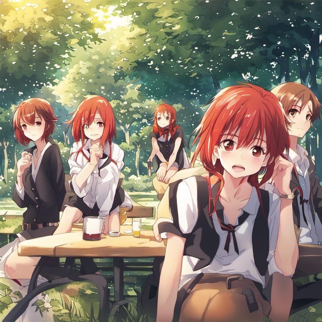Anime-Style Red-Haired Girl with Friends at Park