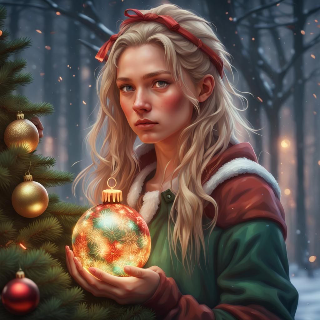 Girl with Christmas Ornament: Hyperdetailed Portrait