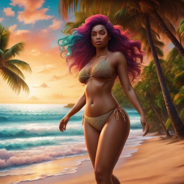Curvy Woman on Beach at Sunset in 3D
