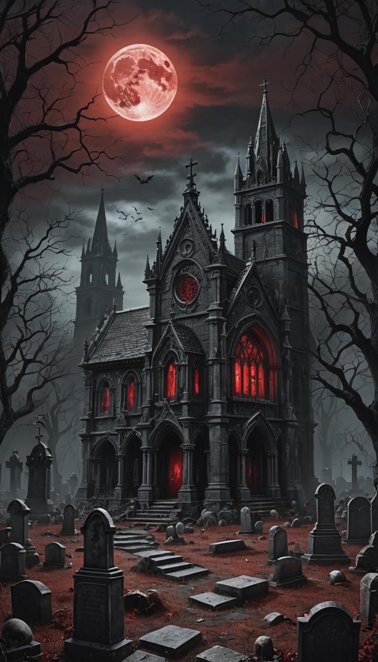 Gothic Graveyard Crypt Under Red Moon