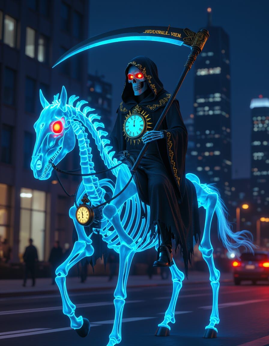 Grim Reaper Rides Skeletal Horse Through City