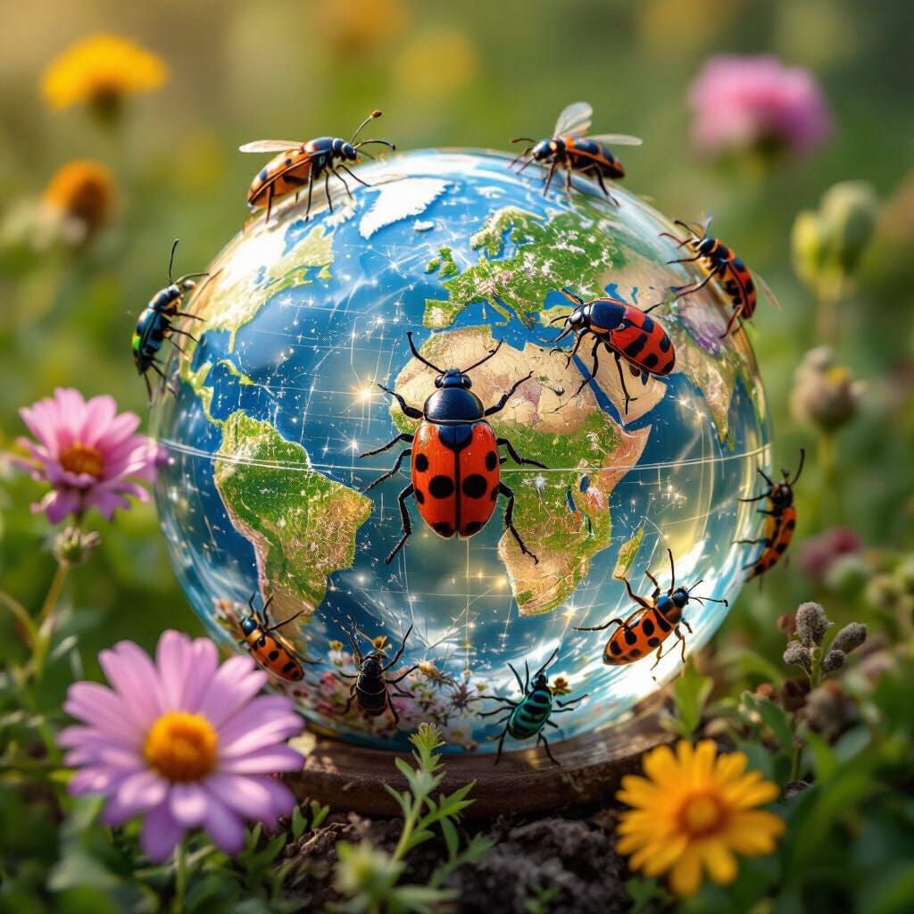 Insects and Bugs Crawling on Globe Surrounded by Flora