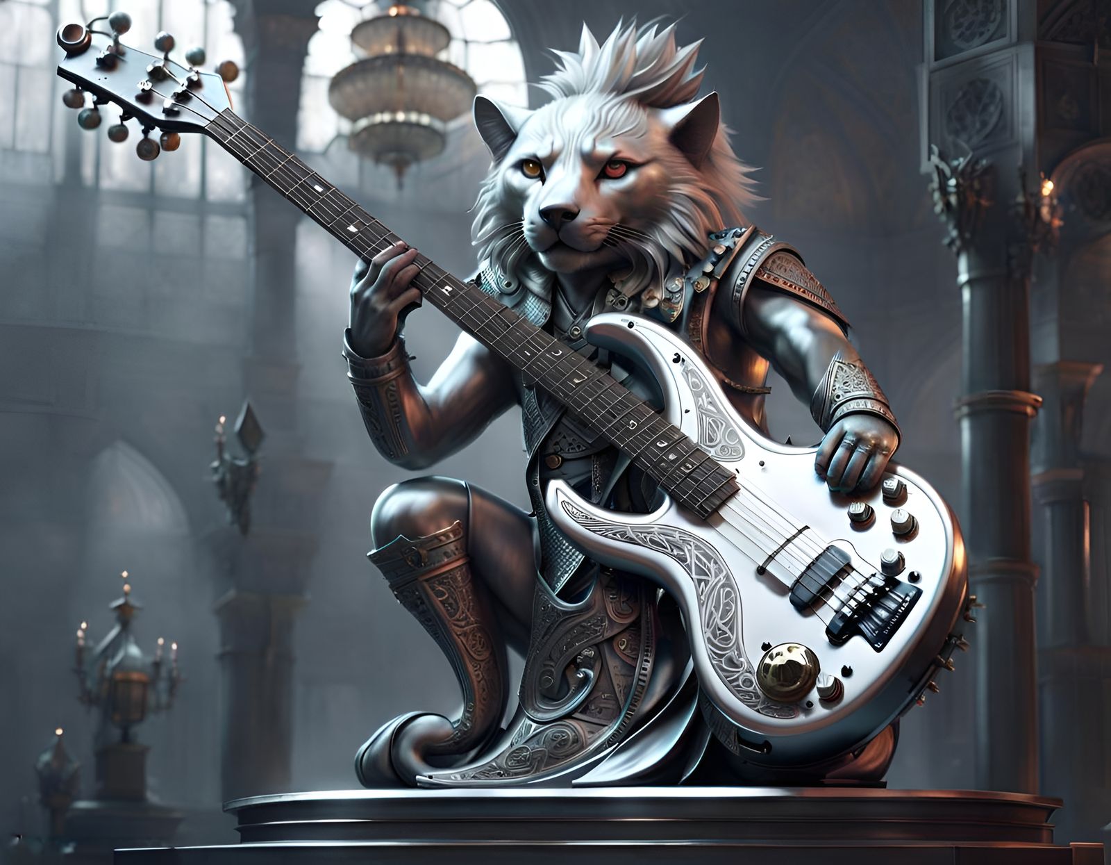 Silver Guitar Hyena Cat Statue in Metal Punk Style