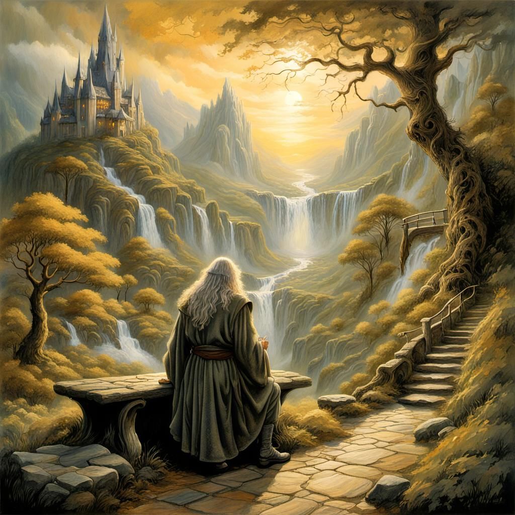 Gandalf in Rivendell: Fantasy Landscape with Impasto Brushwo...