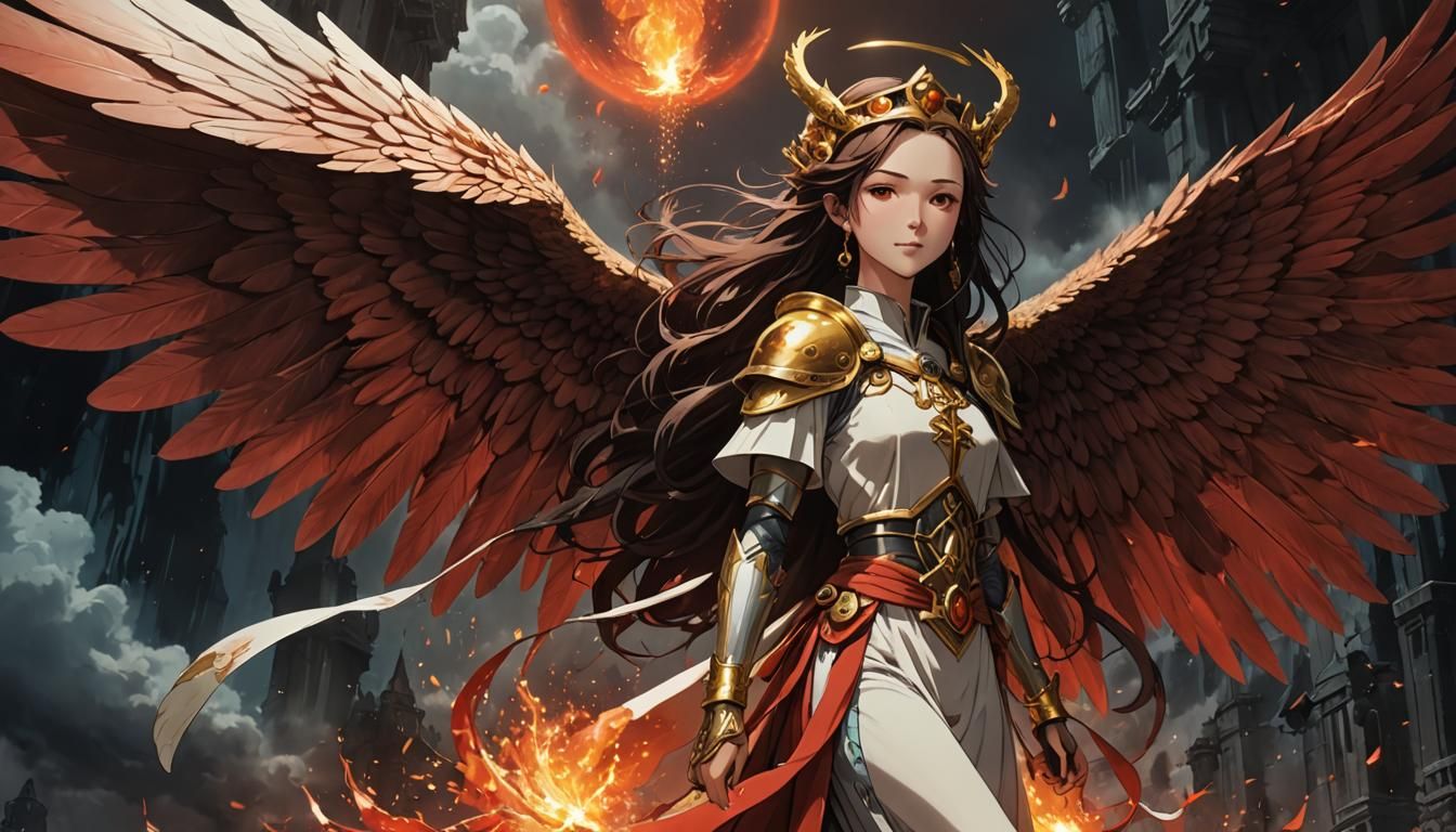 Sinister Angelic Priestess with Wings in Anime Style
