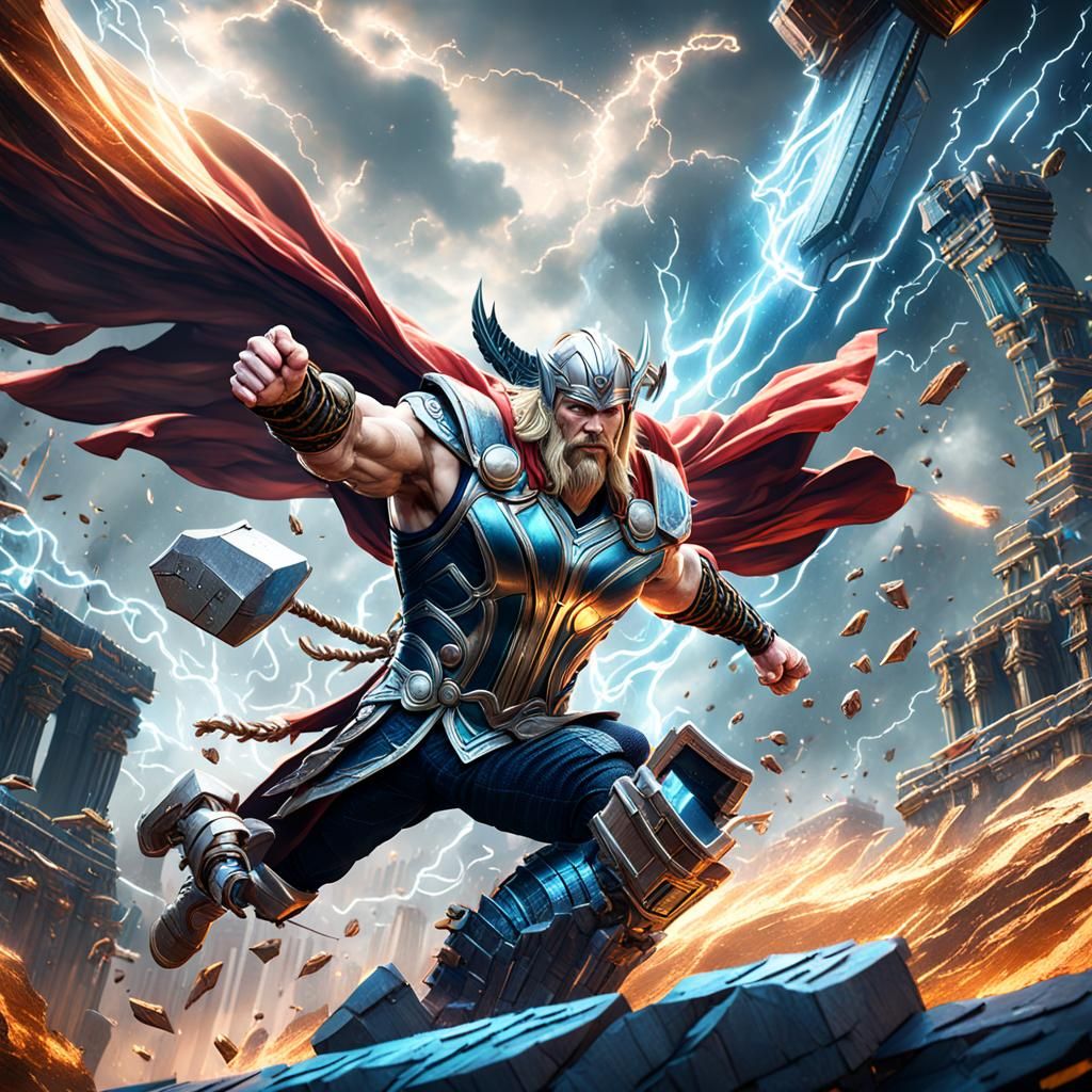 Thor Soaring Through Asgard in Detailed Matte Painting