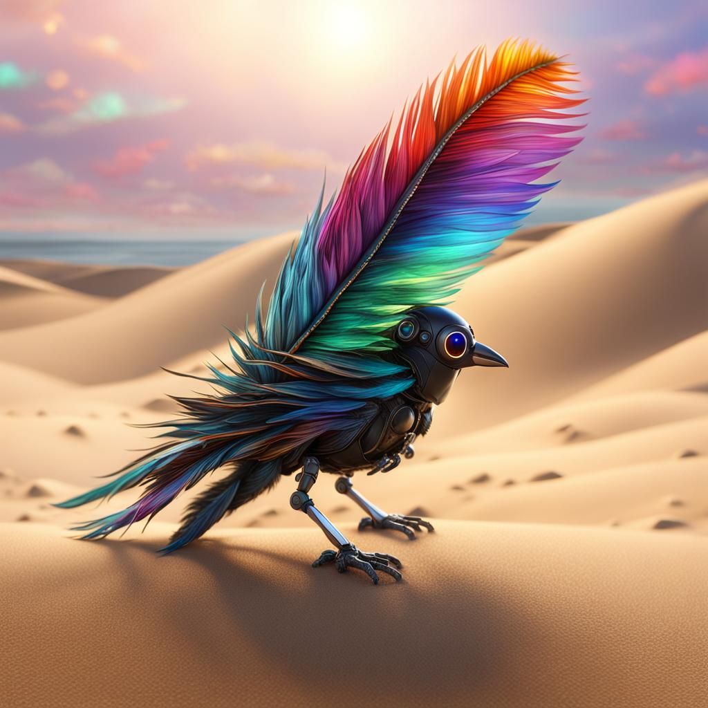 Robotic Bird Pulls Glass Feather: Fantasy Concept Art
