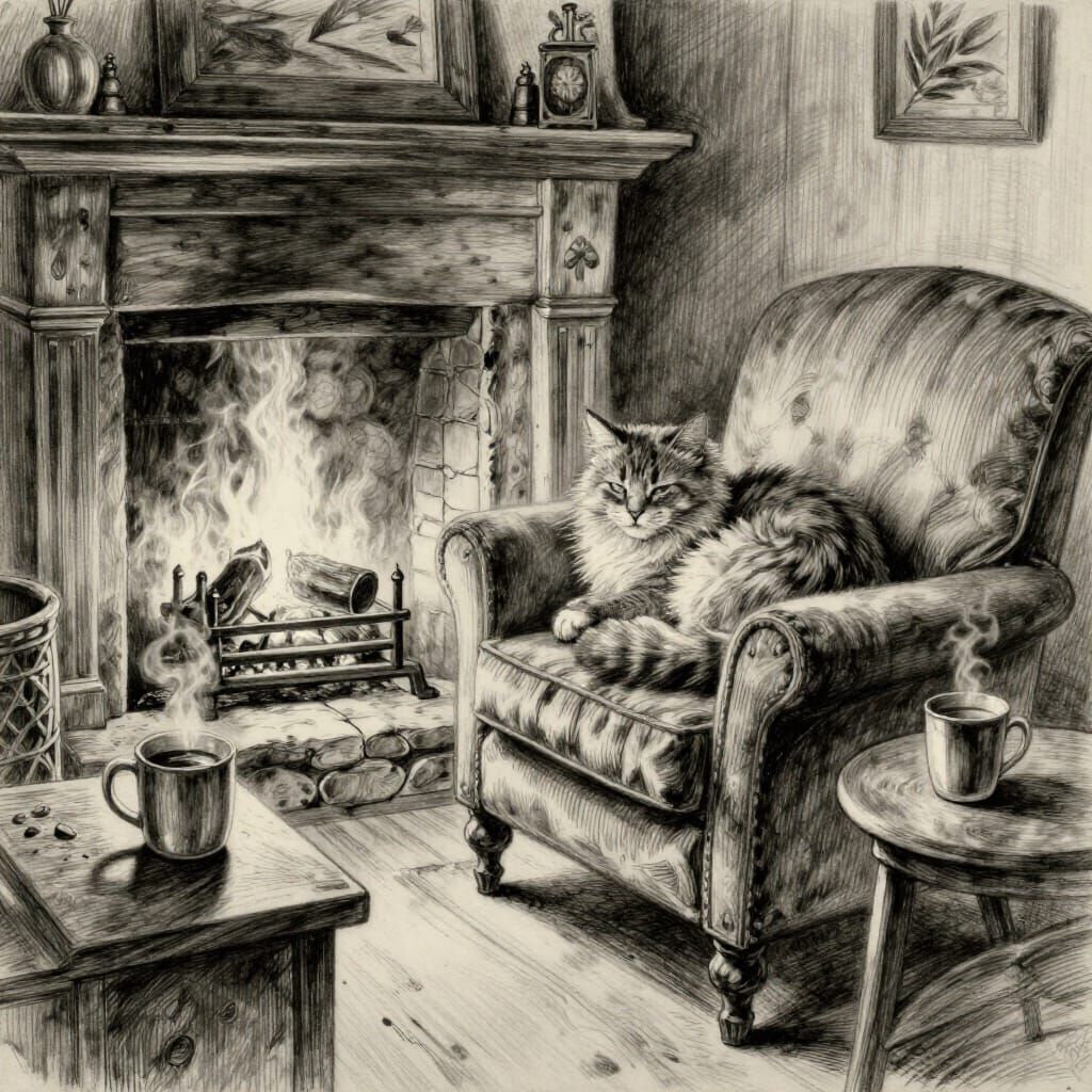 Cozy Living Room Charcoal Drawing with Cat and Cocoa