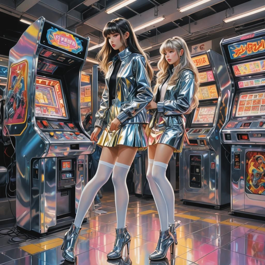 Retro-Futuristic 80s Arcade Scene in Sorayama Style