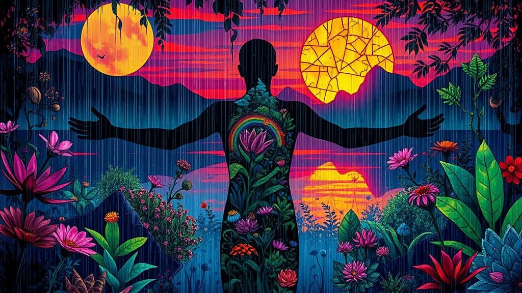 Solitary Figure in Surreal Glitch Art Garden